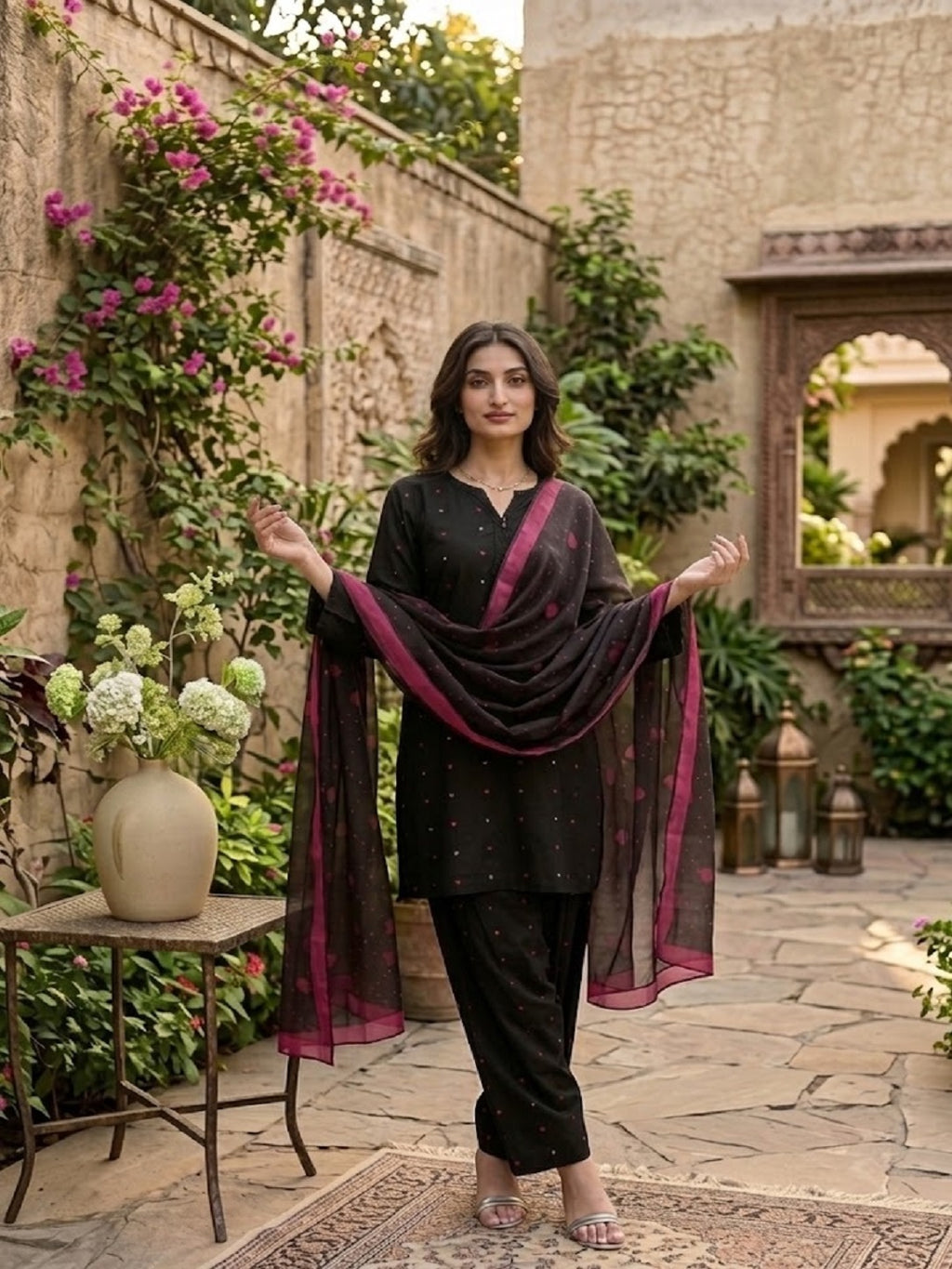 Black Red Heart Embroidered 3-Piece Farshi Suit