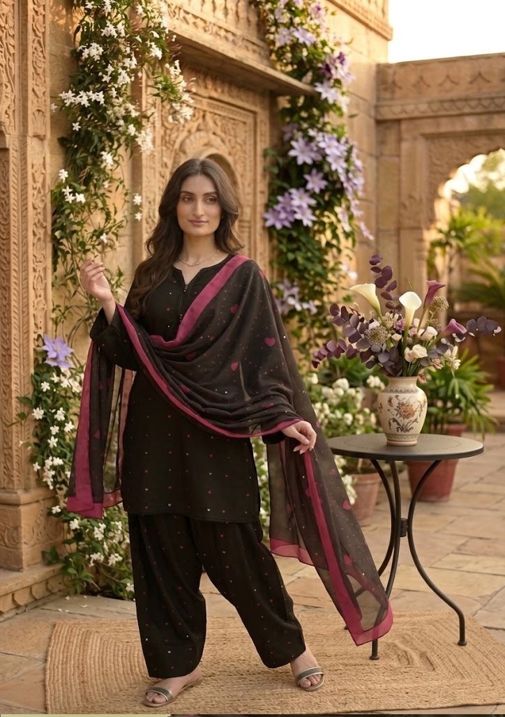 Black Red Heart Embroidered 3-Piece Farshi Suit