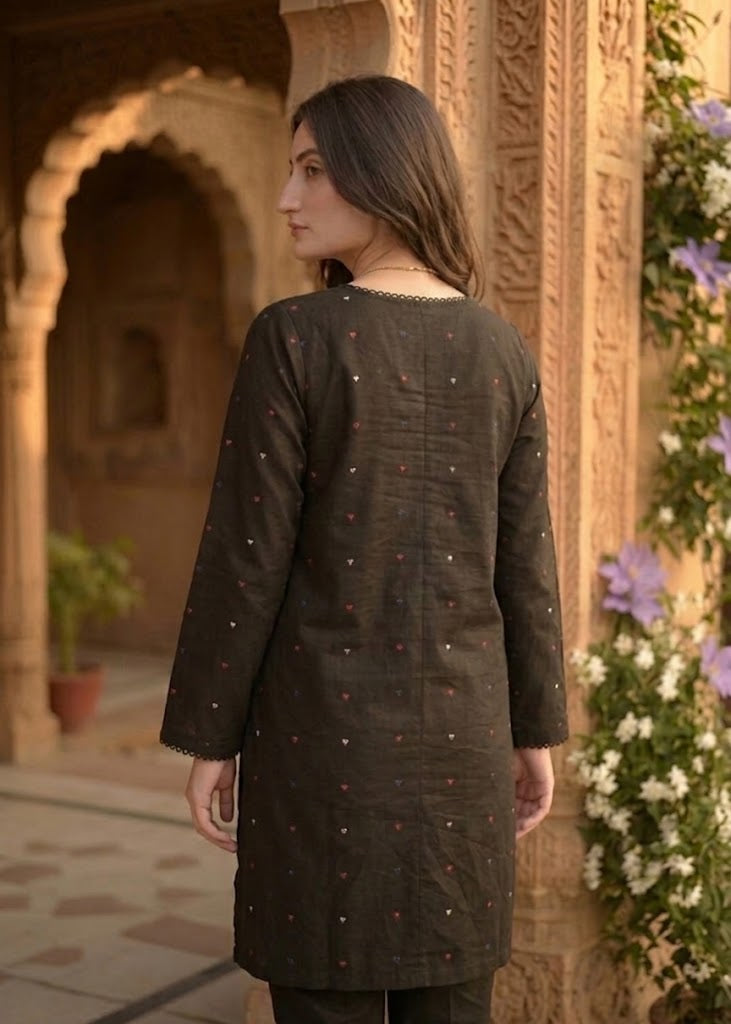 Black Red Heart Embroidered 3-Piece Farshi Suit