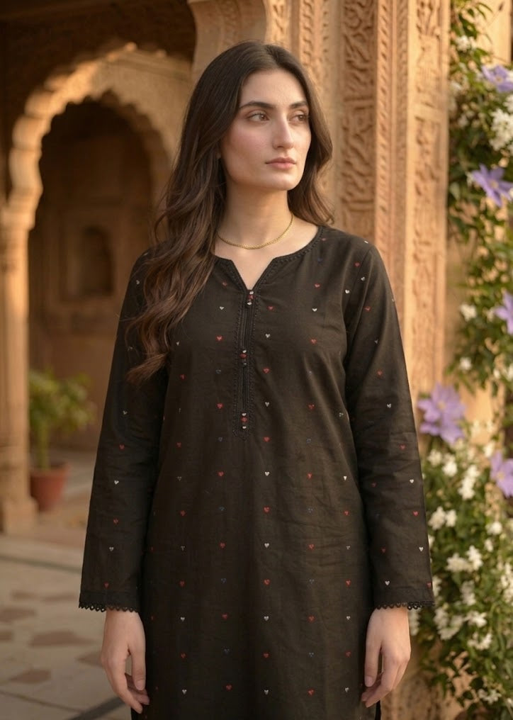 Black Red Heart Embroidered 3-Piece Farshi Suit