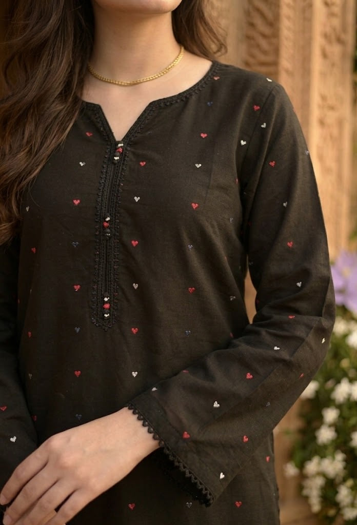 Black Red Heart Embroidered 3-Piece Farshi Suit