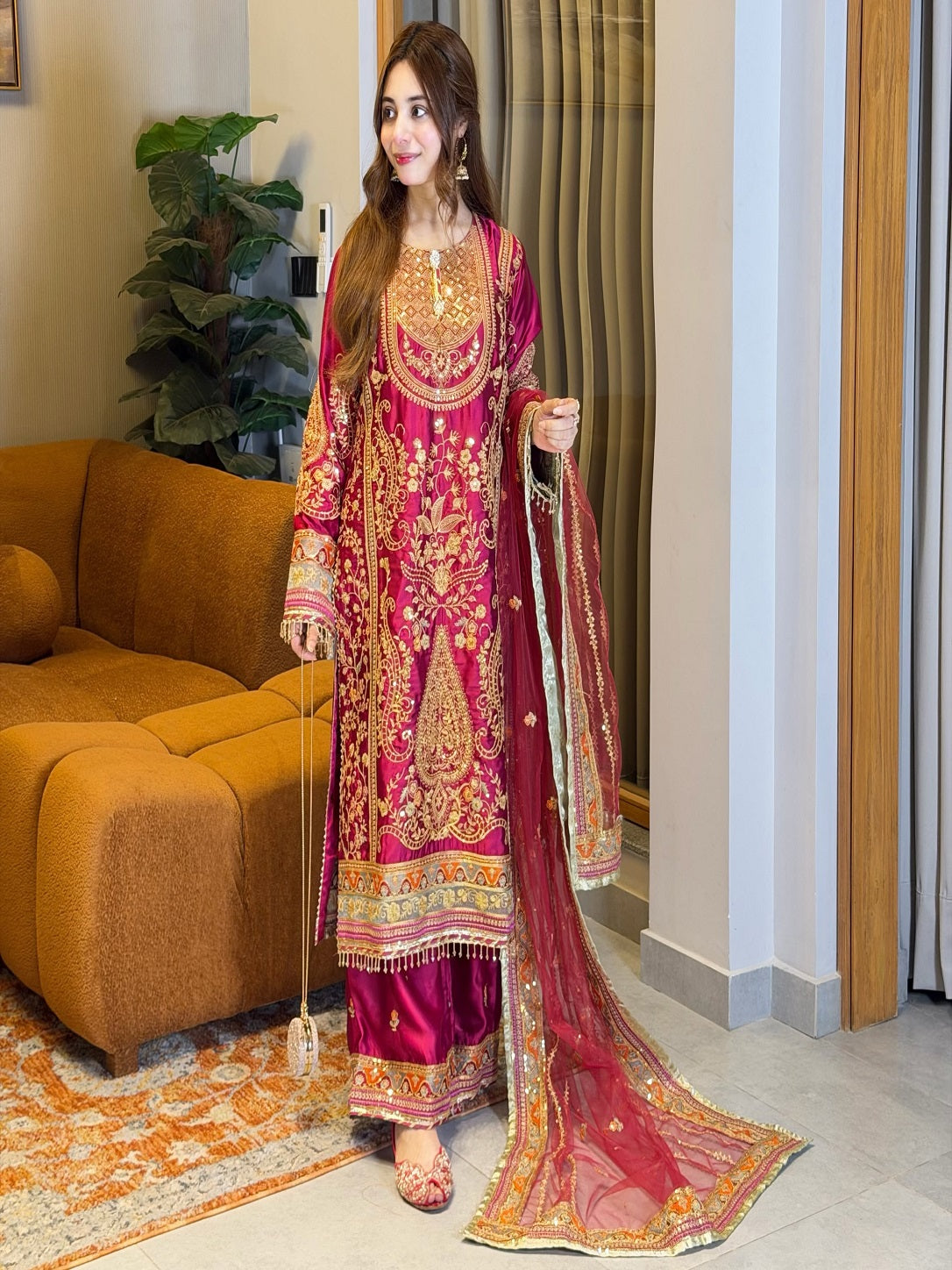 Marjenda Pink Embroidered Shamose Silk 3-Piece