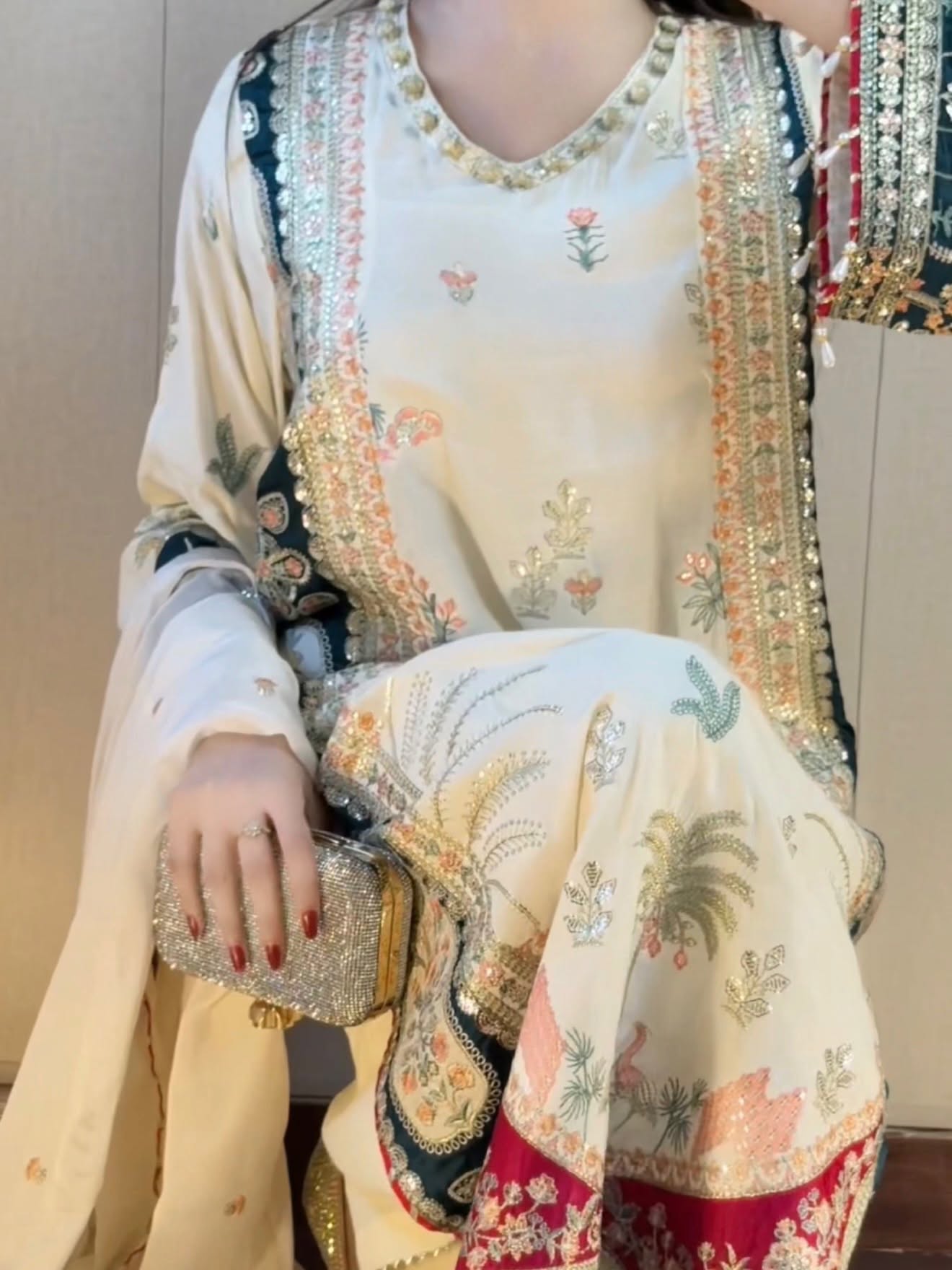 Cream Embroidered Dull Raw Silk Kaftan – 3 Piece