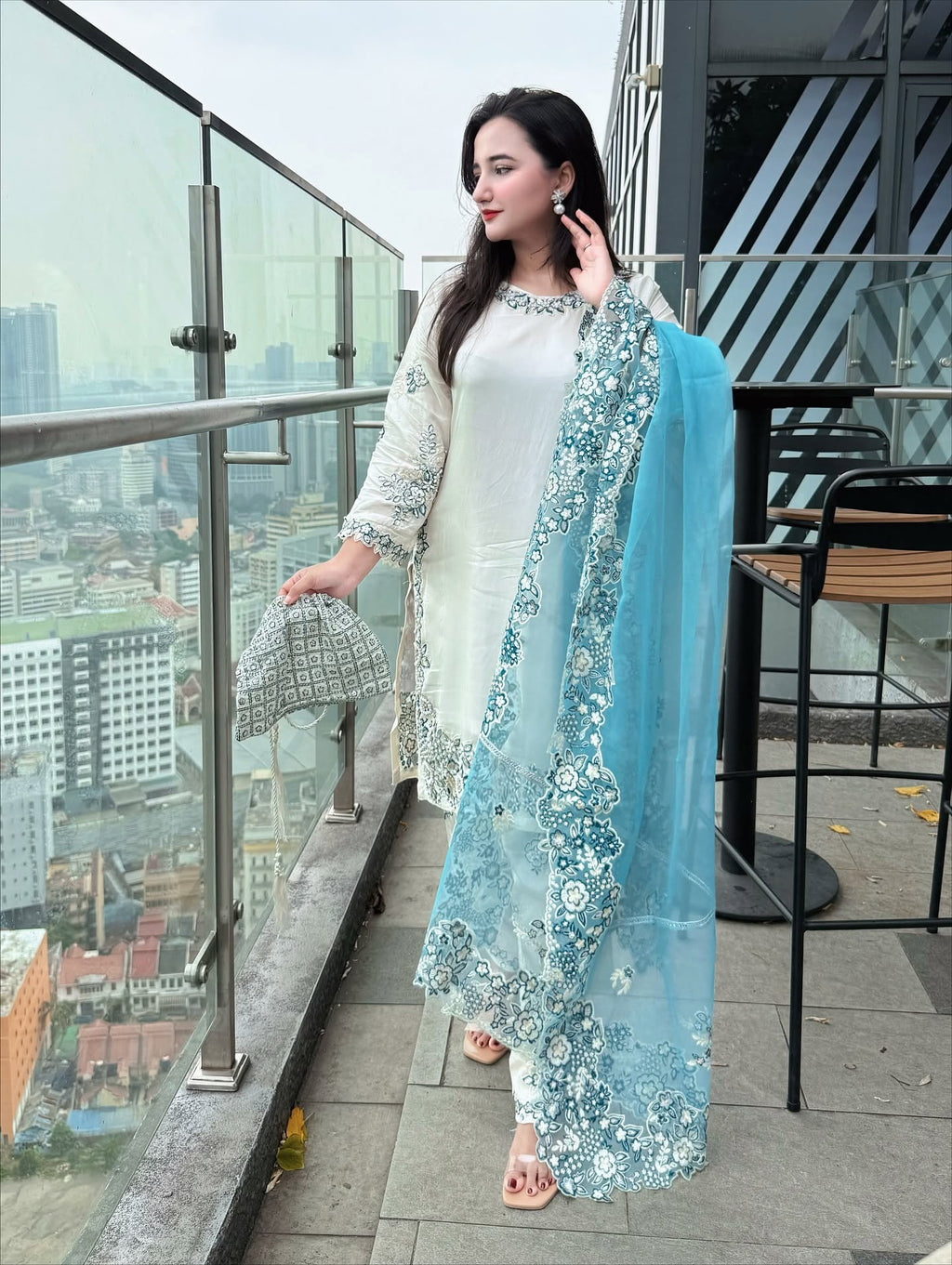 White With Blue Row Silk Embroidered 3 piece