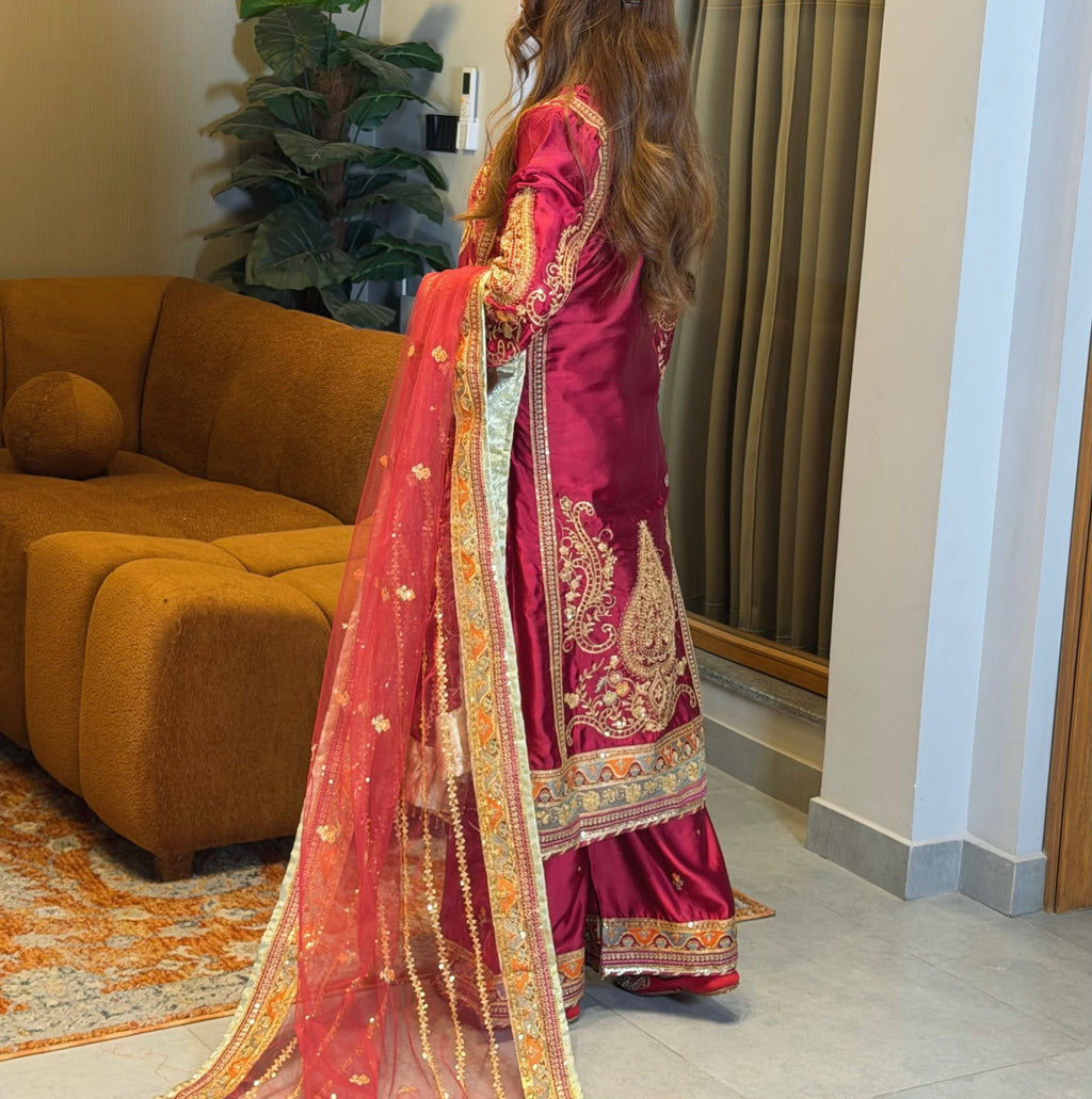 Marjenda Pink Embroidered Shamose Silk 3-Piece