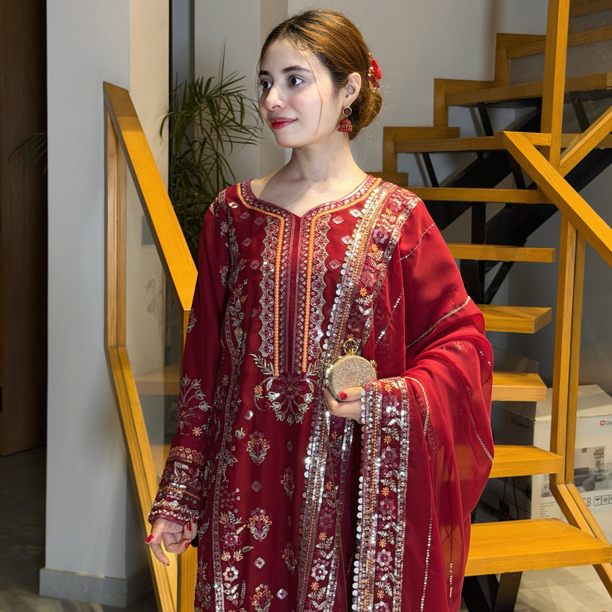 Elegant Maroon Embroidered 3-Piece