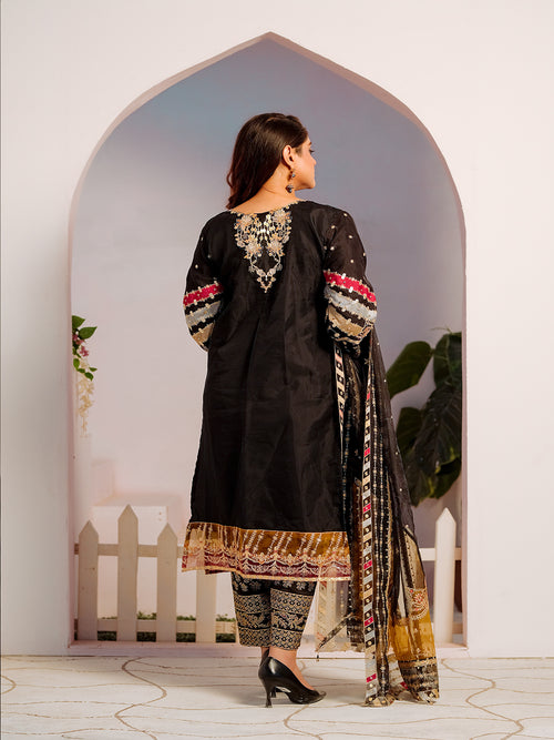 Black & Mehendi Organza Embroidered 3 Piece