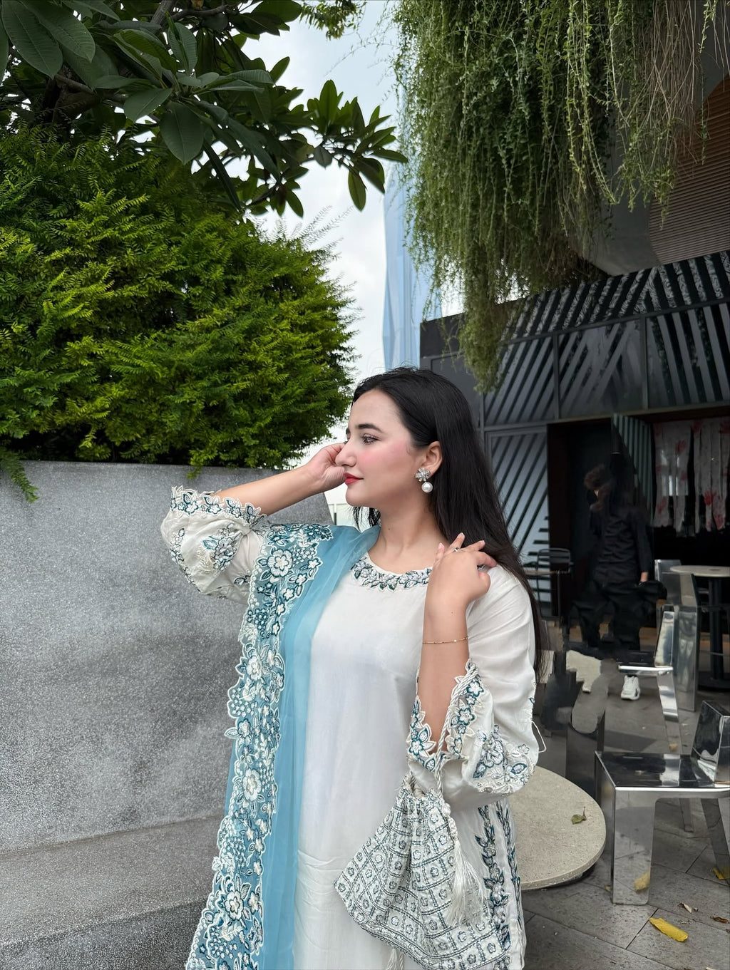 White With Blue Row Silk Embroidered 3 piece