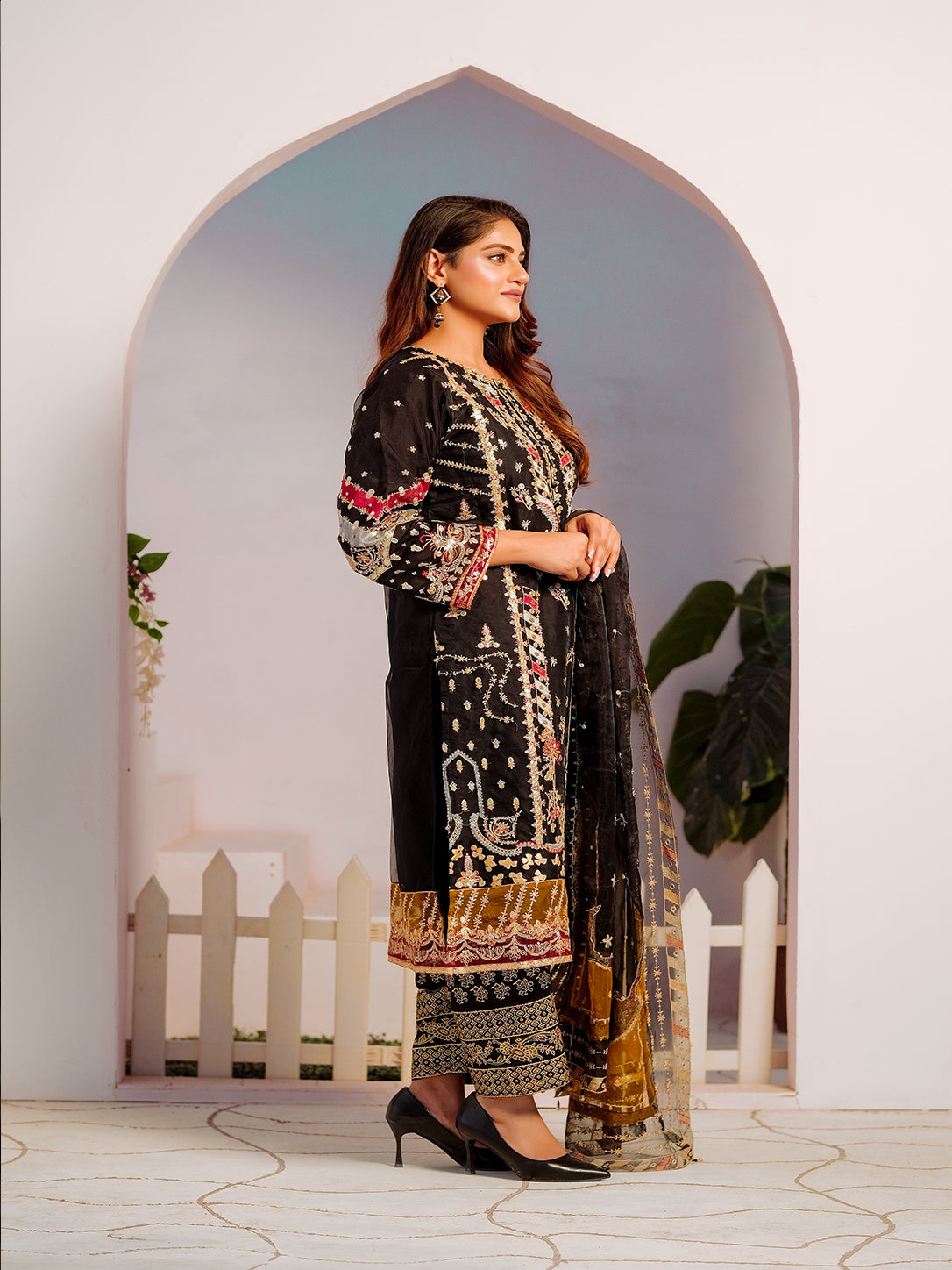 Black & Mehendi Organza Embroidered 3 Piece