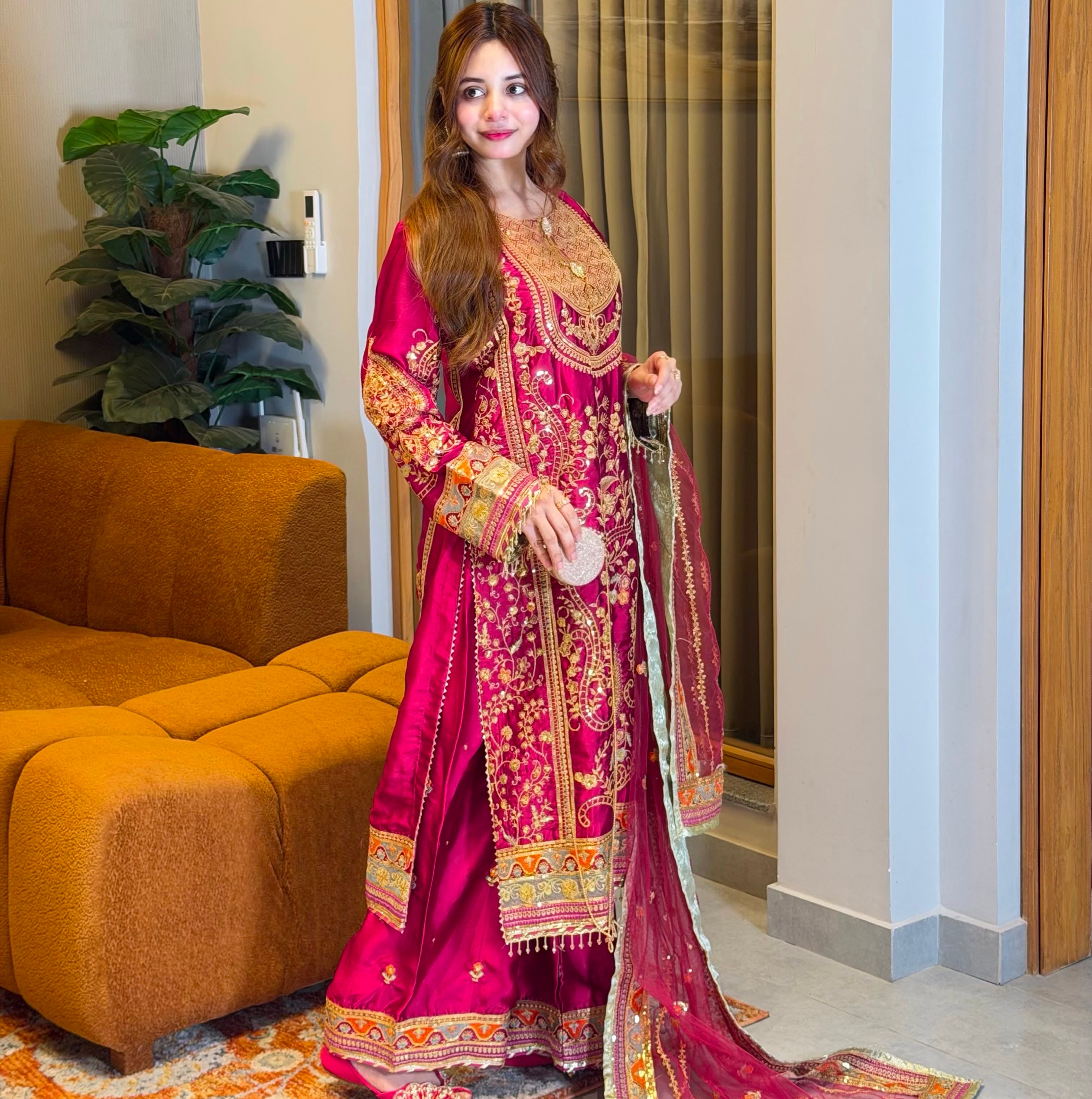 Marjenda Pink Embroidered Shamose Silk 3-Piece