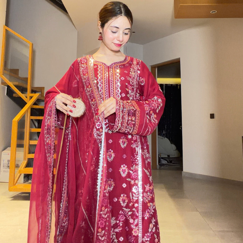 Elegant Maroon Embroidered 3-Piece
