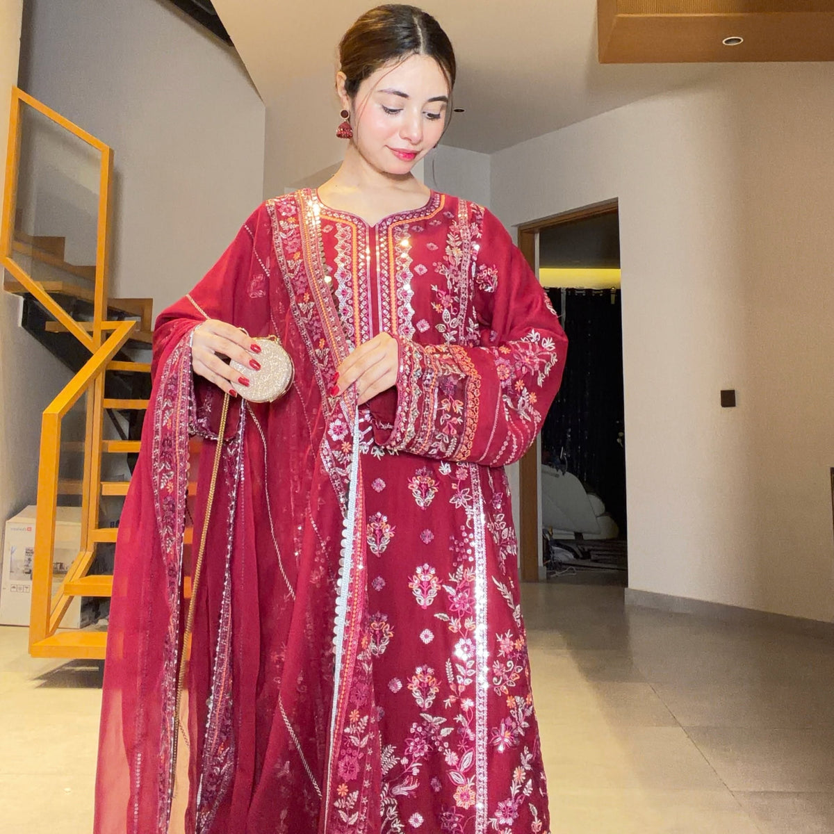 Elegant Maroon Embroidered 3-Piece
