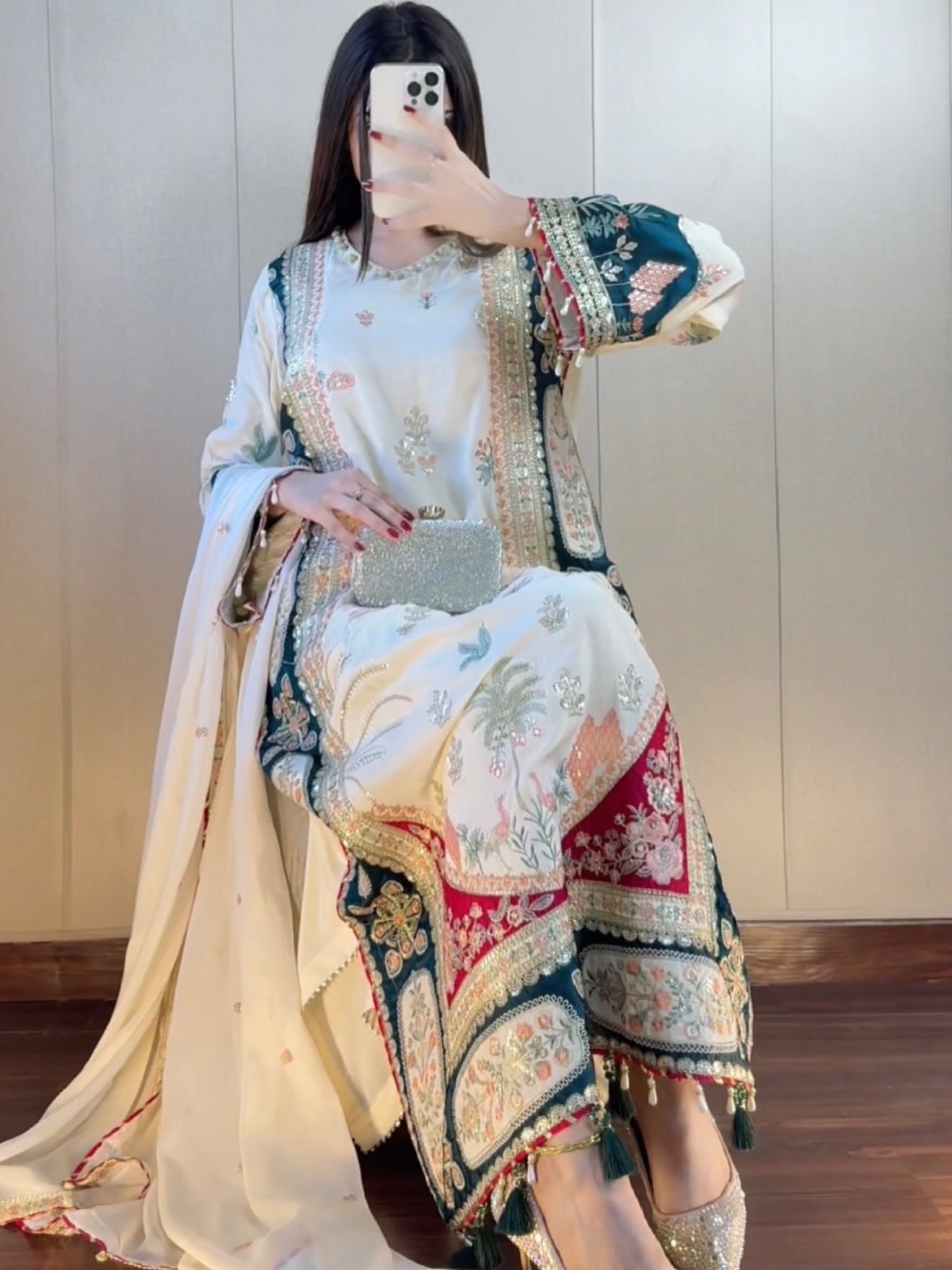 Cream Embroidered Dull Raw Silk Kaftan – 3 Piece