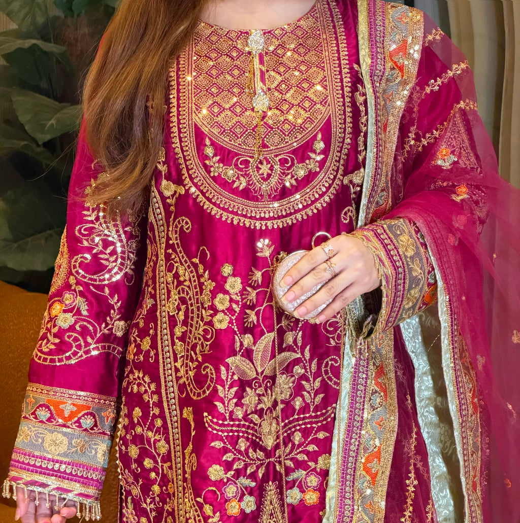 Marjenda Pink Embroidered Shamose Silk 3-Piece