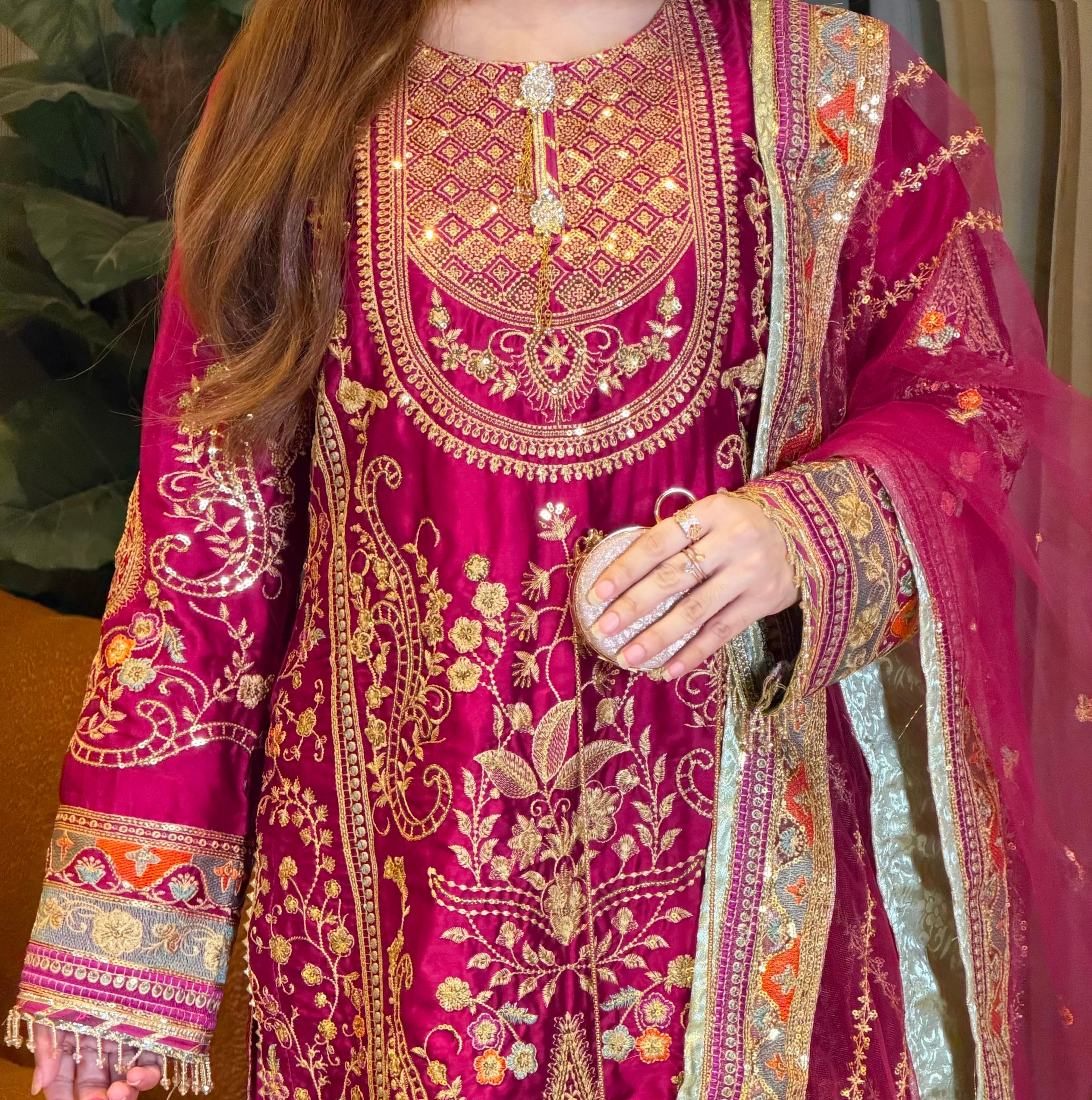 Marjenda Pink Embroidered Shamose Silk 3-Piece