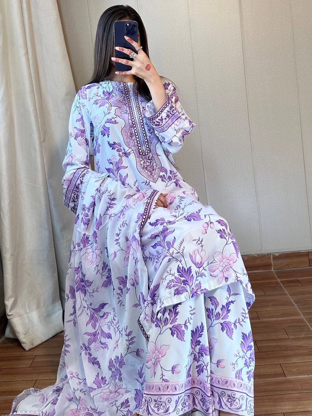 White Purple Swiss Lawn 3 piece