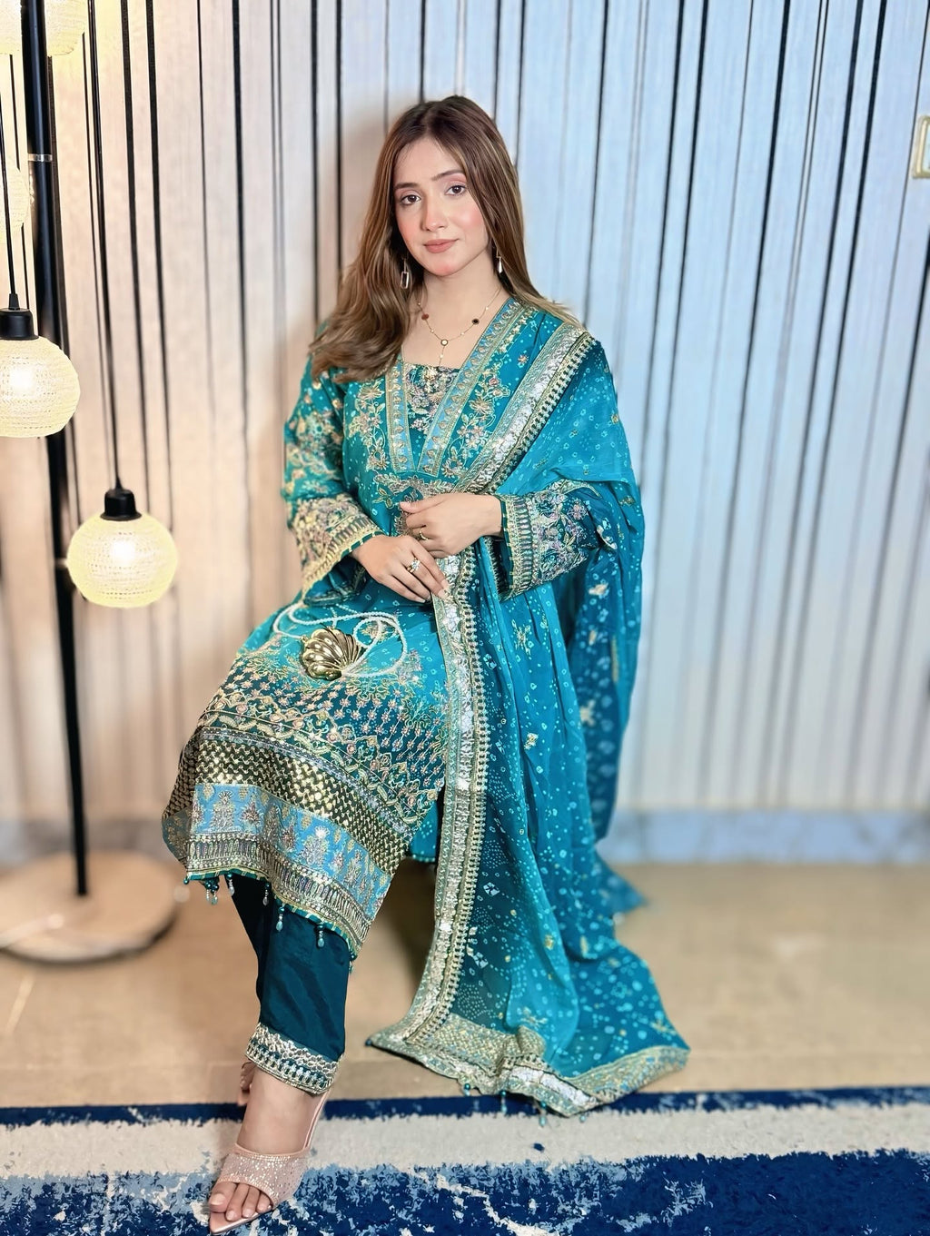 Seagreen Multi Embroidered Bamber Chiffon 3-Piece