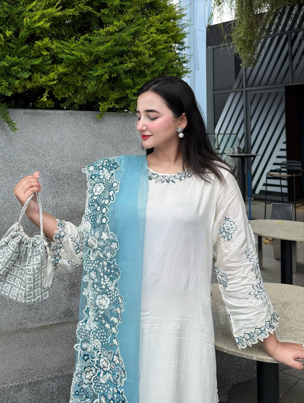 White With Blue Row Silk Embroidered 3 piece