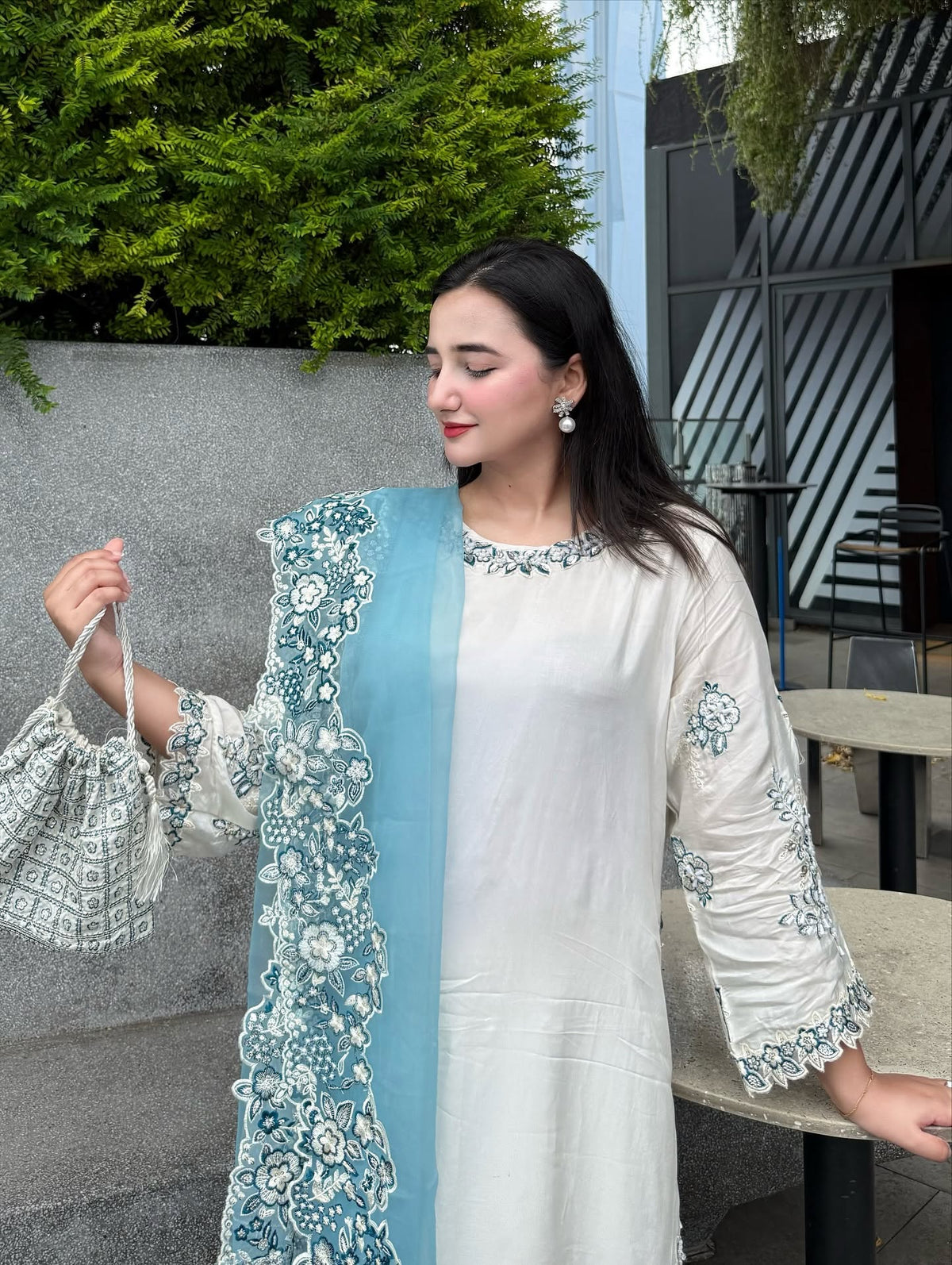 White With Blue Row Silk Embroidered 3 piece
