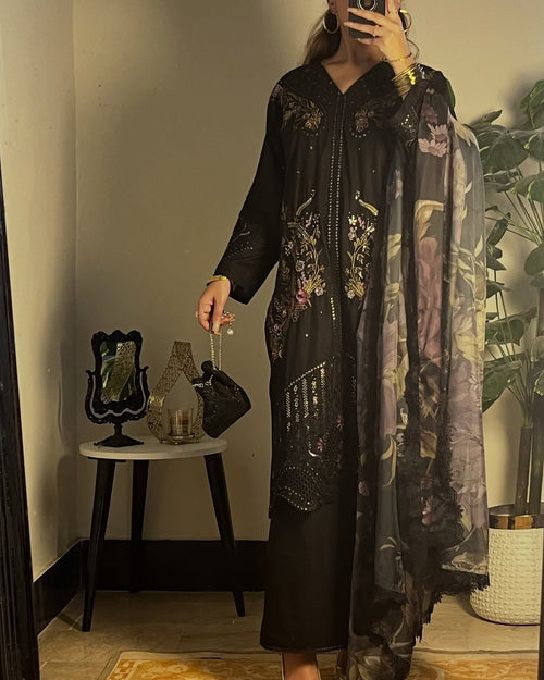 Black Seqwence Embroidered 3 Piece