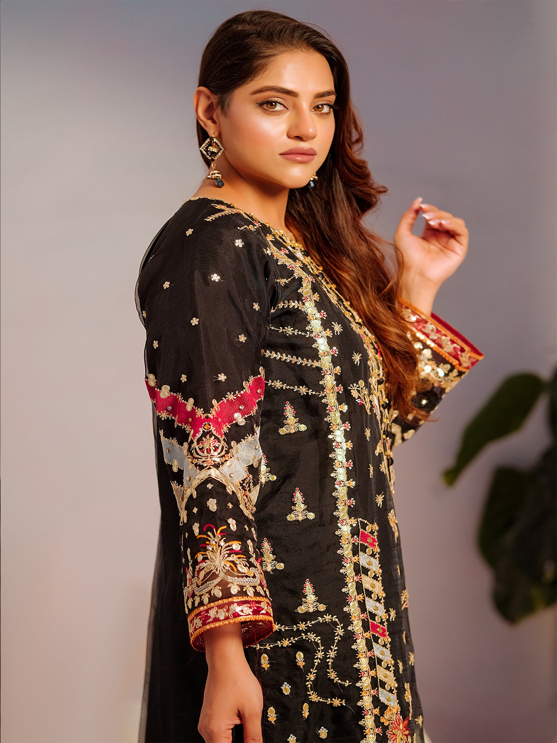 Black & Mehendi Organza Embroidered 3 Piece