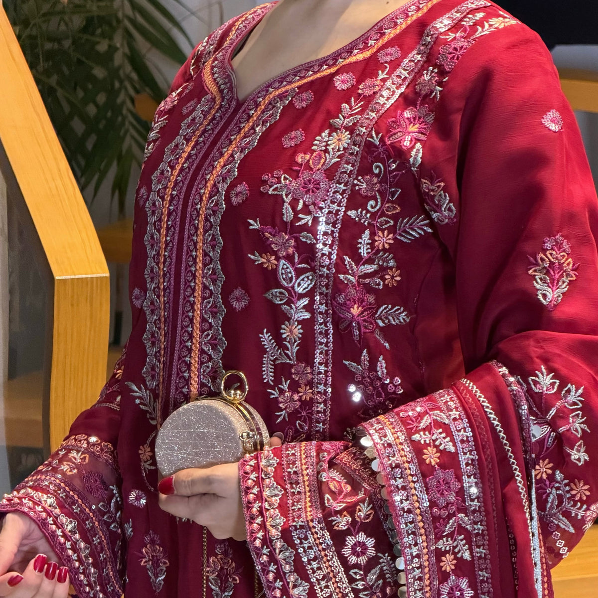 Elegant Maroon Embroidered 3-Piece