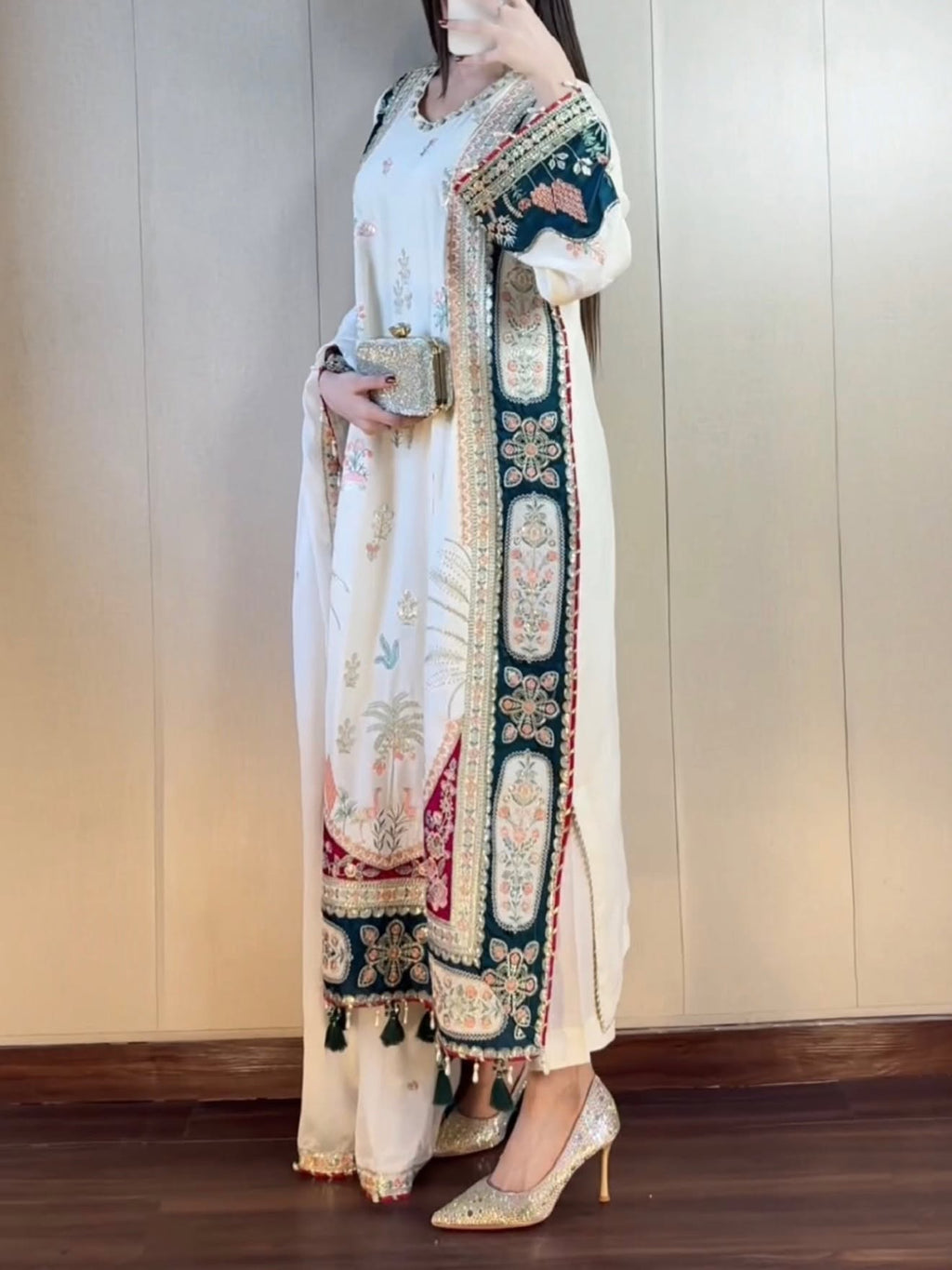 Cream Embroidered Dull Raw Silk Kaftan – 3 Piece