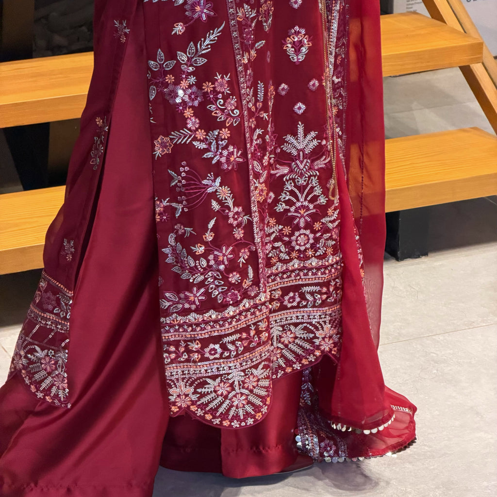 Elegant Maroon Embroidered 3-Piece