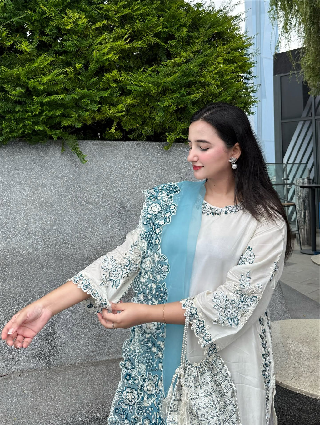 White With Blue Row Silk Embroidered 3 piece
