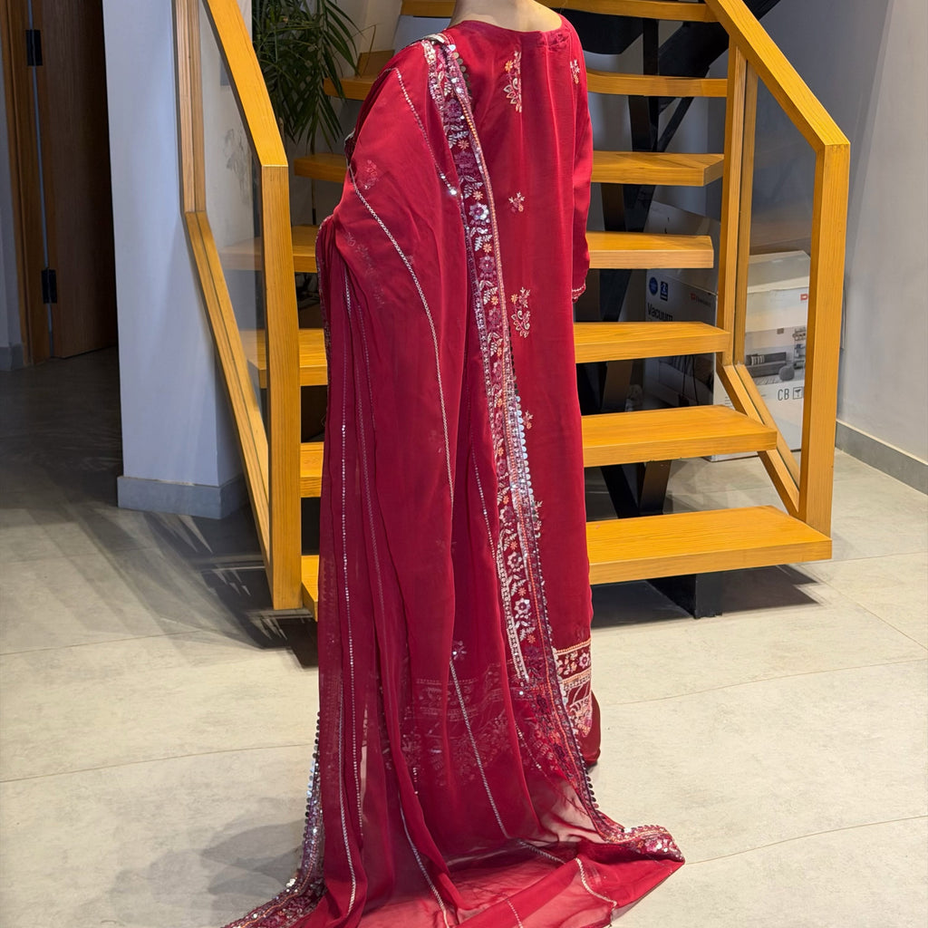Elegant Maroon Embroidered 3-Piece