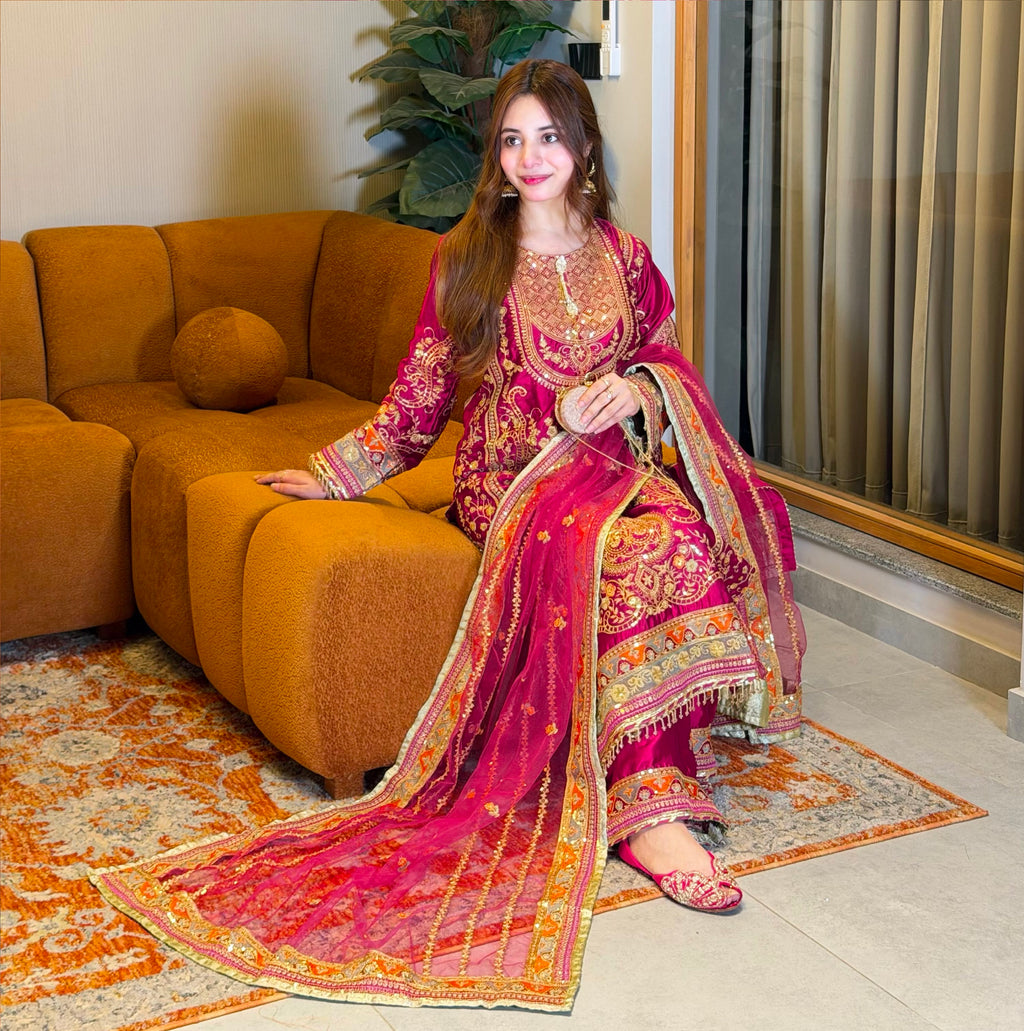 Marjenda Pink Embroidered Shamose Silk 3-Piece