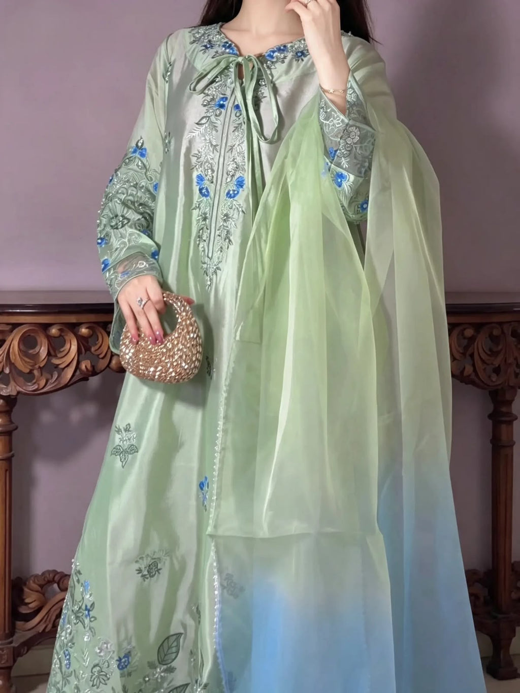 Pista Blossom Sheesha Silk Kaftan