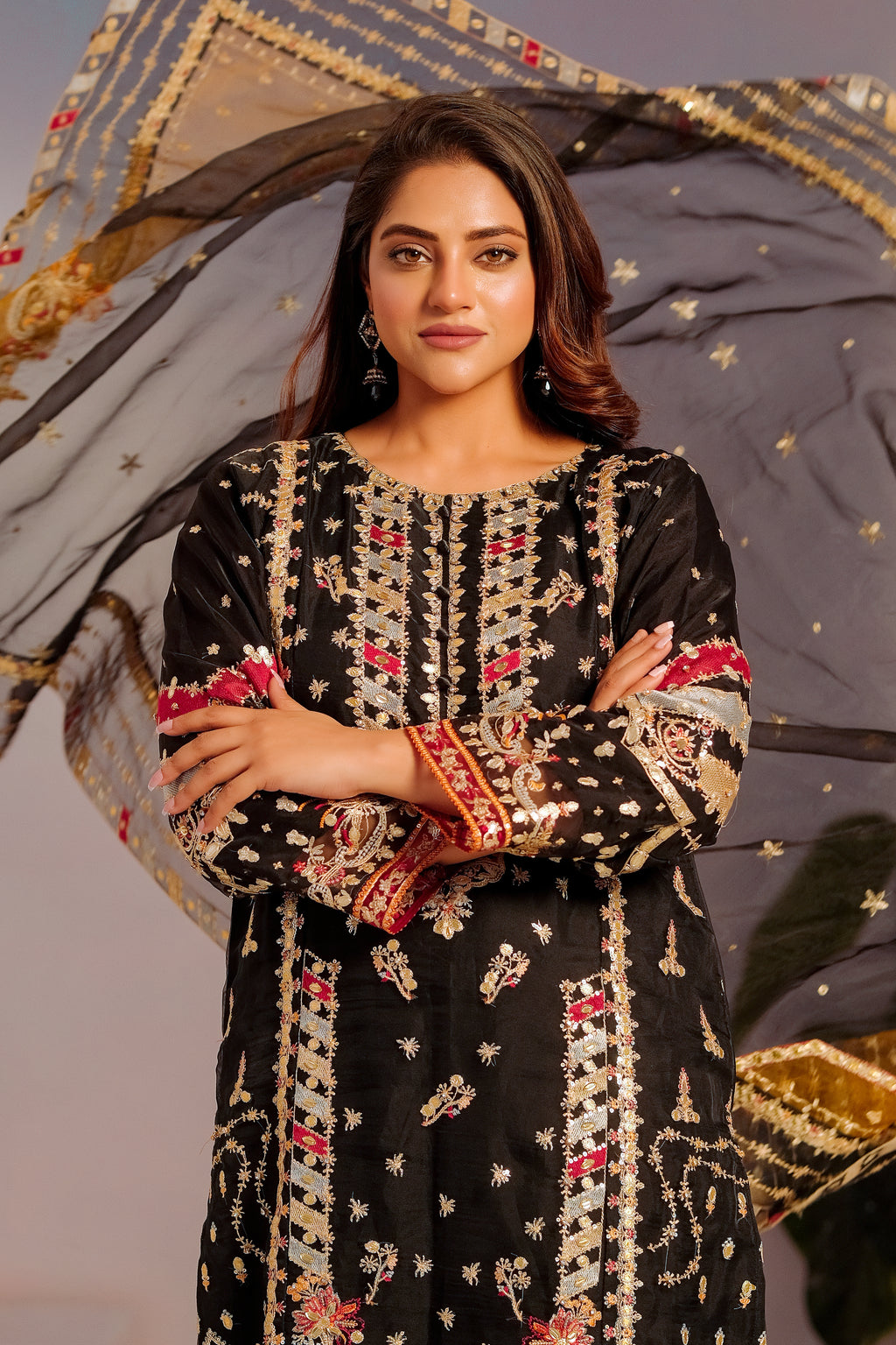 Black & Mehendi Organza Embroidered 3 Piece