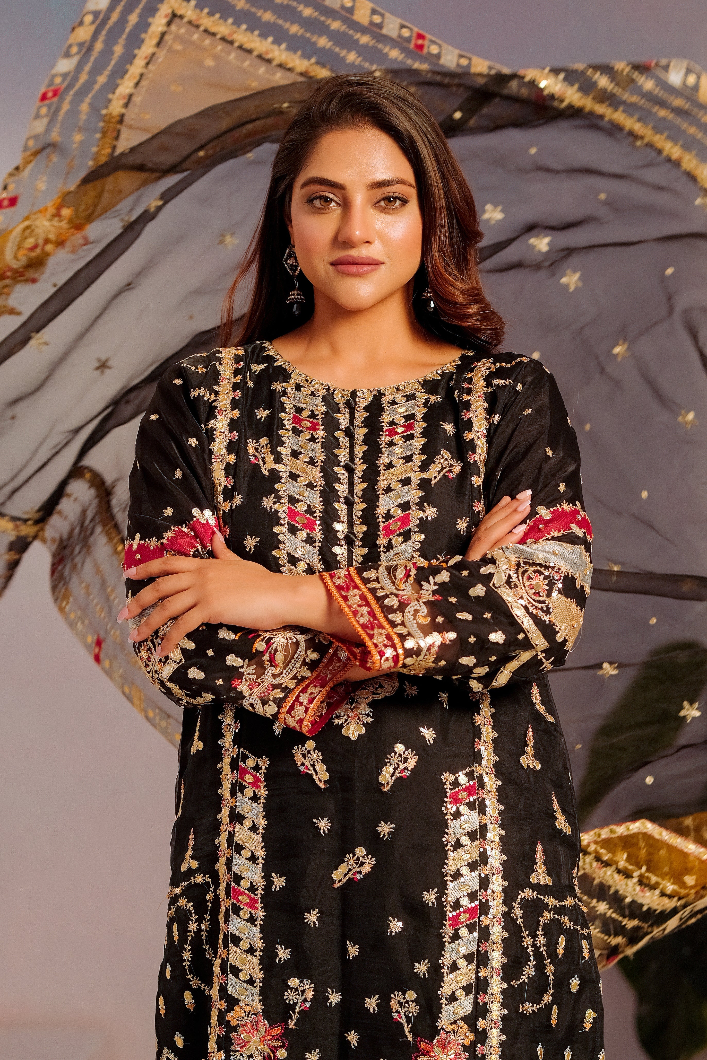 Black & Mehendi Organza Embroidered 3 Piece
