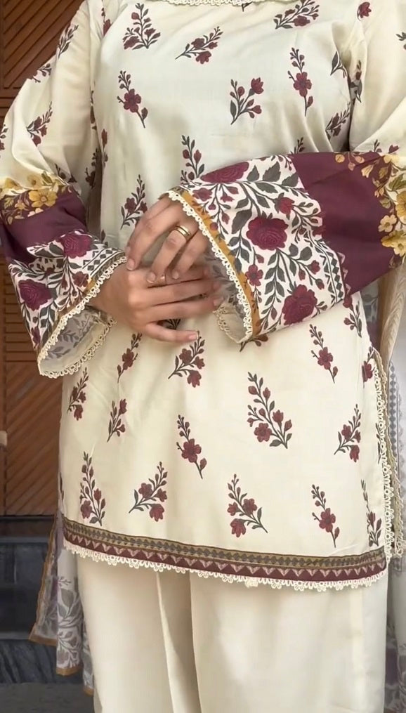 Cream Printed Dori 3 Piece