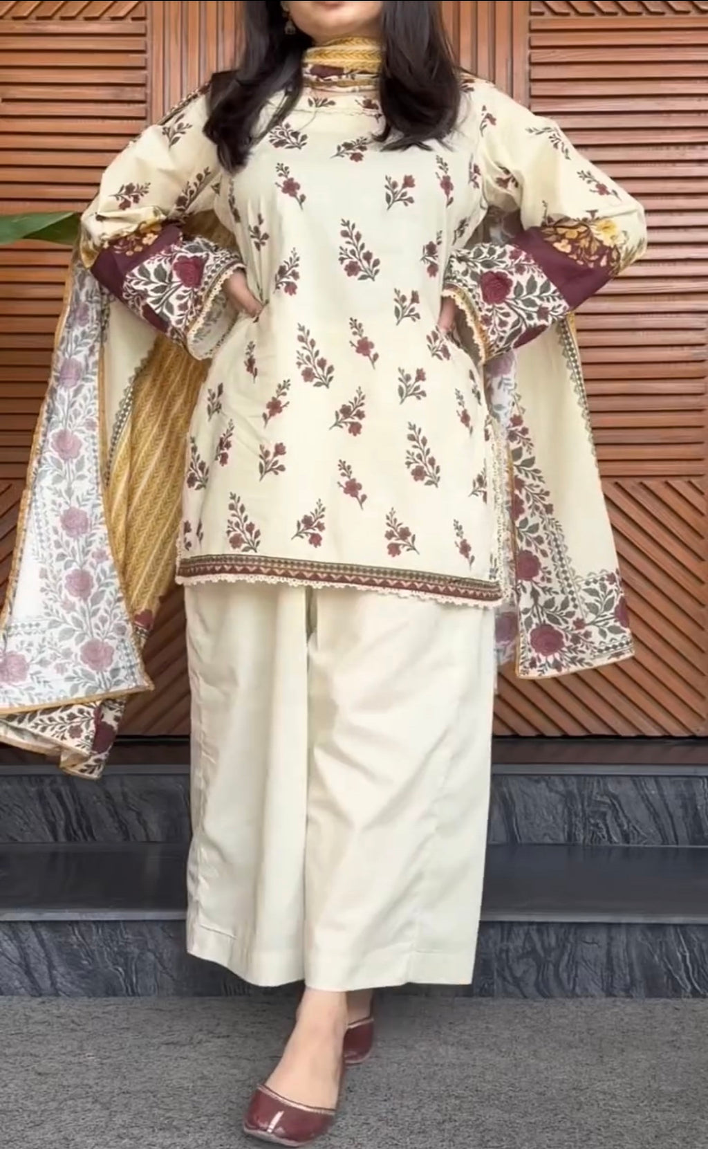 Cream Printed Dori 3 Piece
