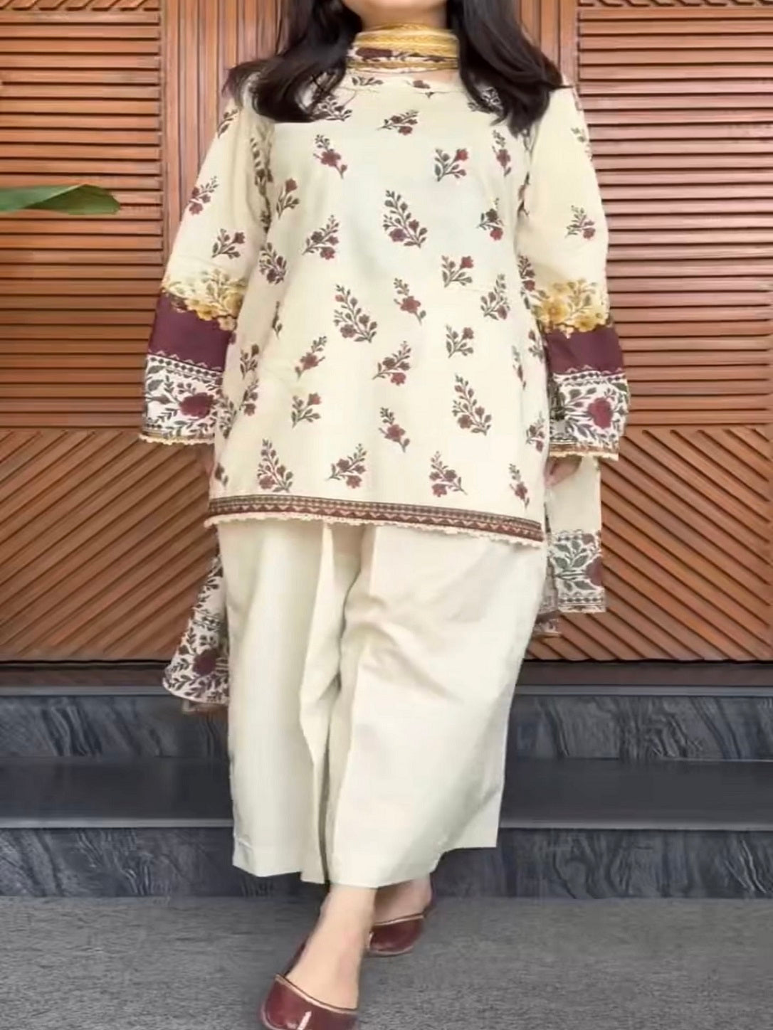 Cream Printed Dori 3 Piece