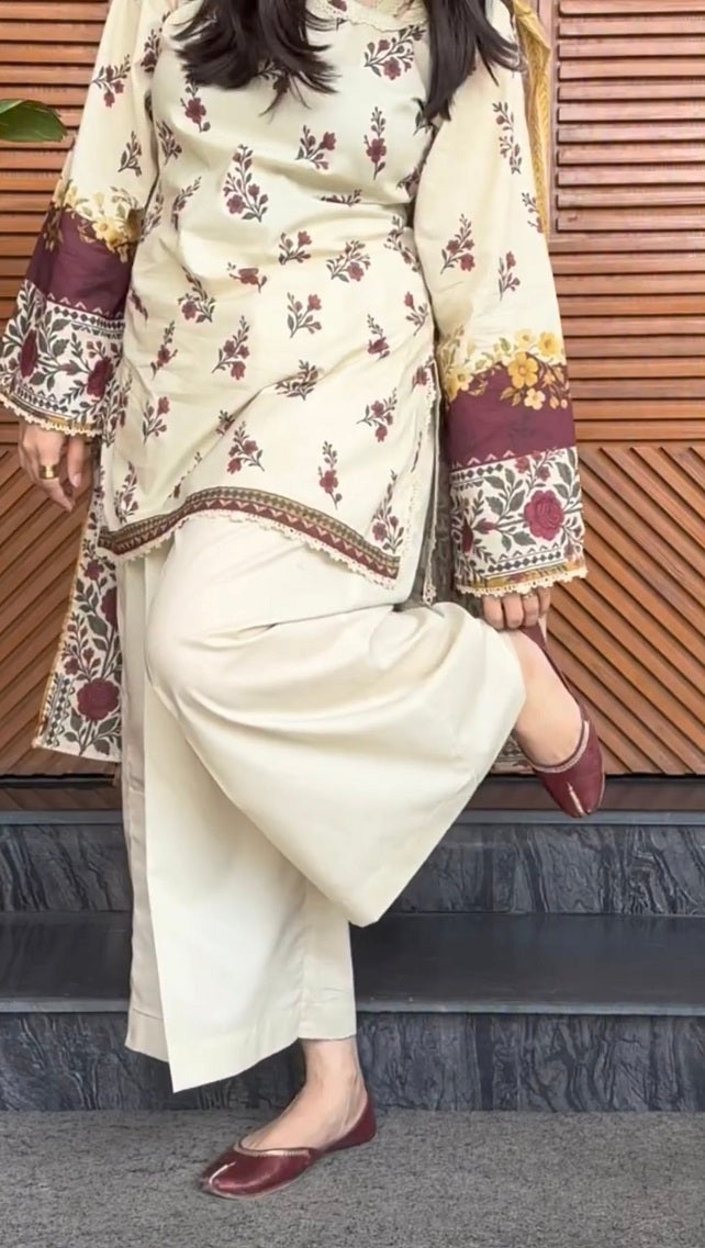 Cream Printed Dori 3 Piece