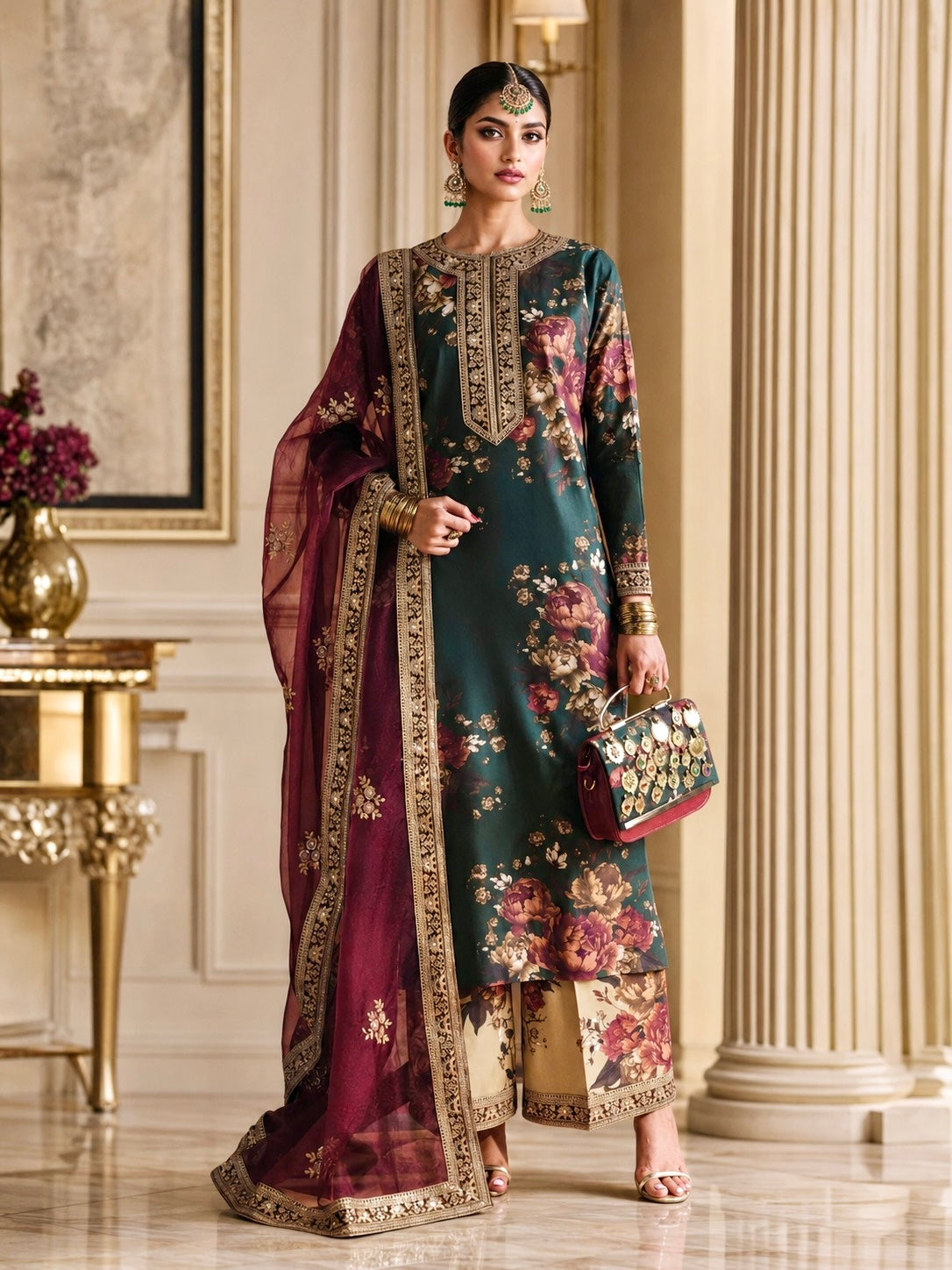 Royal Printed &amp; Embroidered 3-Piece