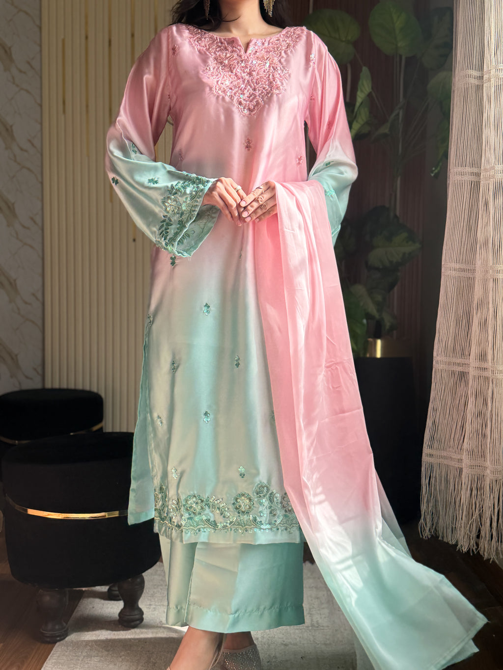 Rosé Mist – Shamose Silk Embroidered 3-Piece