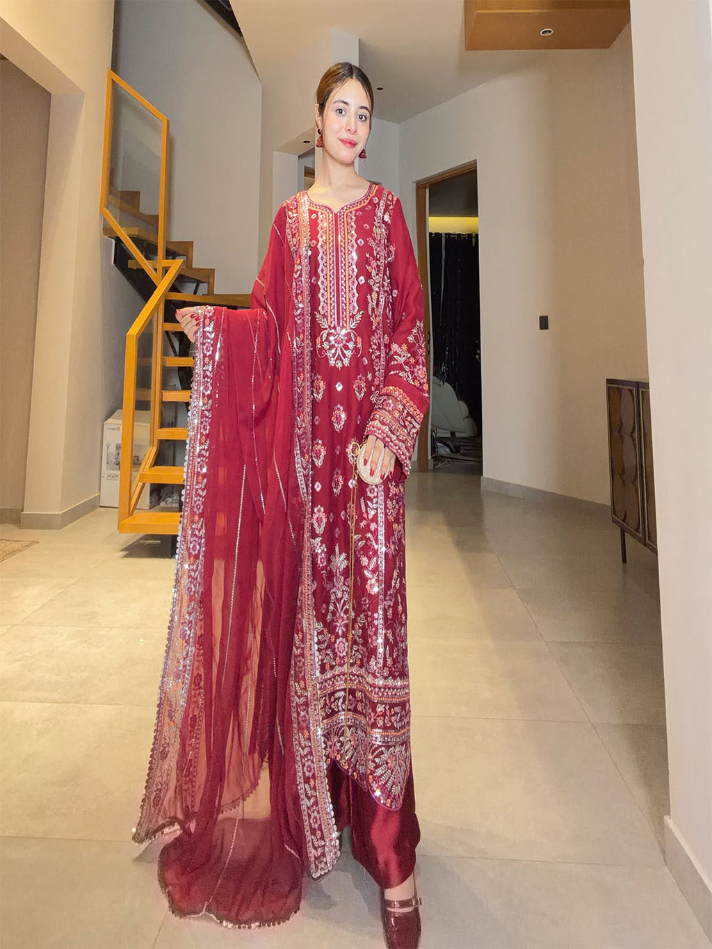 Elegant Maroon Embroidered 3-Piece