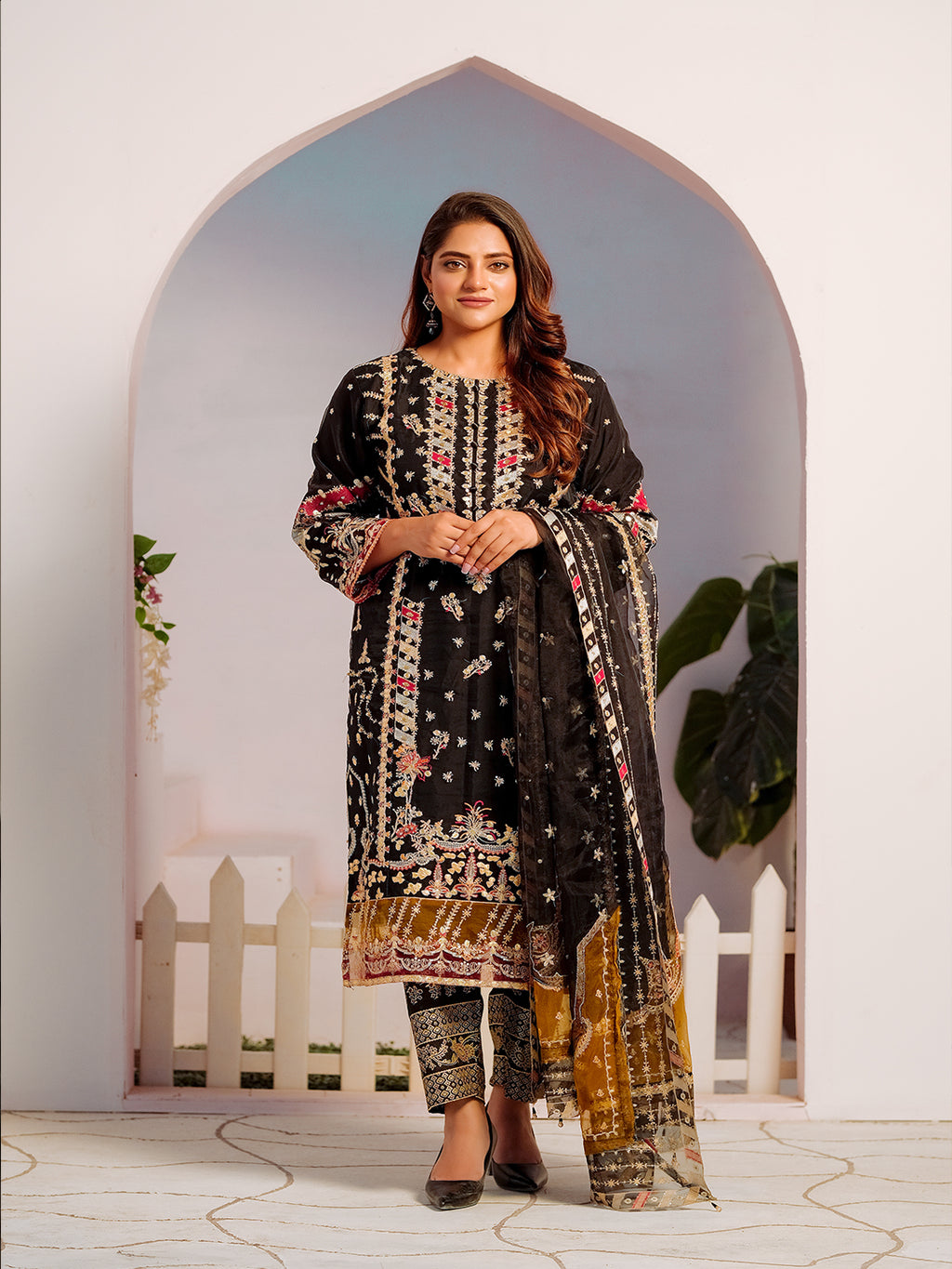 Black & Mehendi Organza Embroidered 3 Piece
