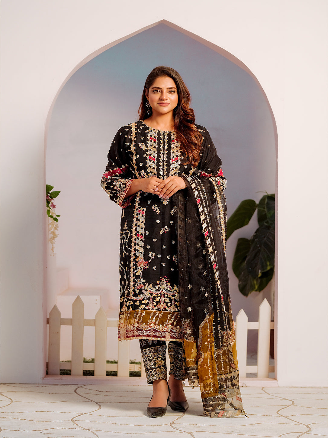 Black & Mehendi Organza Embroidered 3 Piece