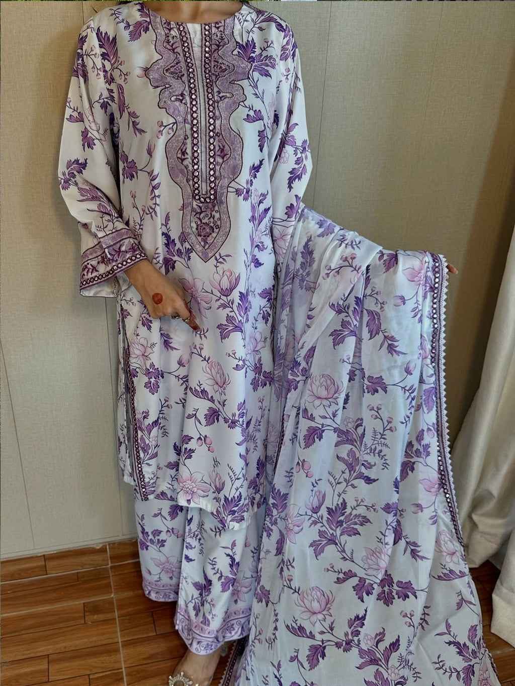 White Purple Swiss Lawn 3 piece