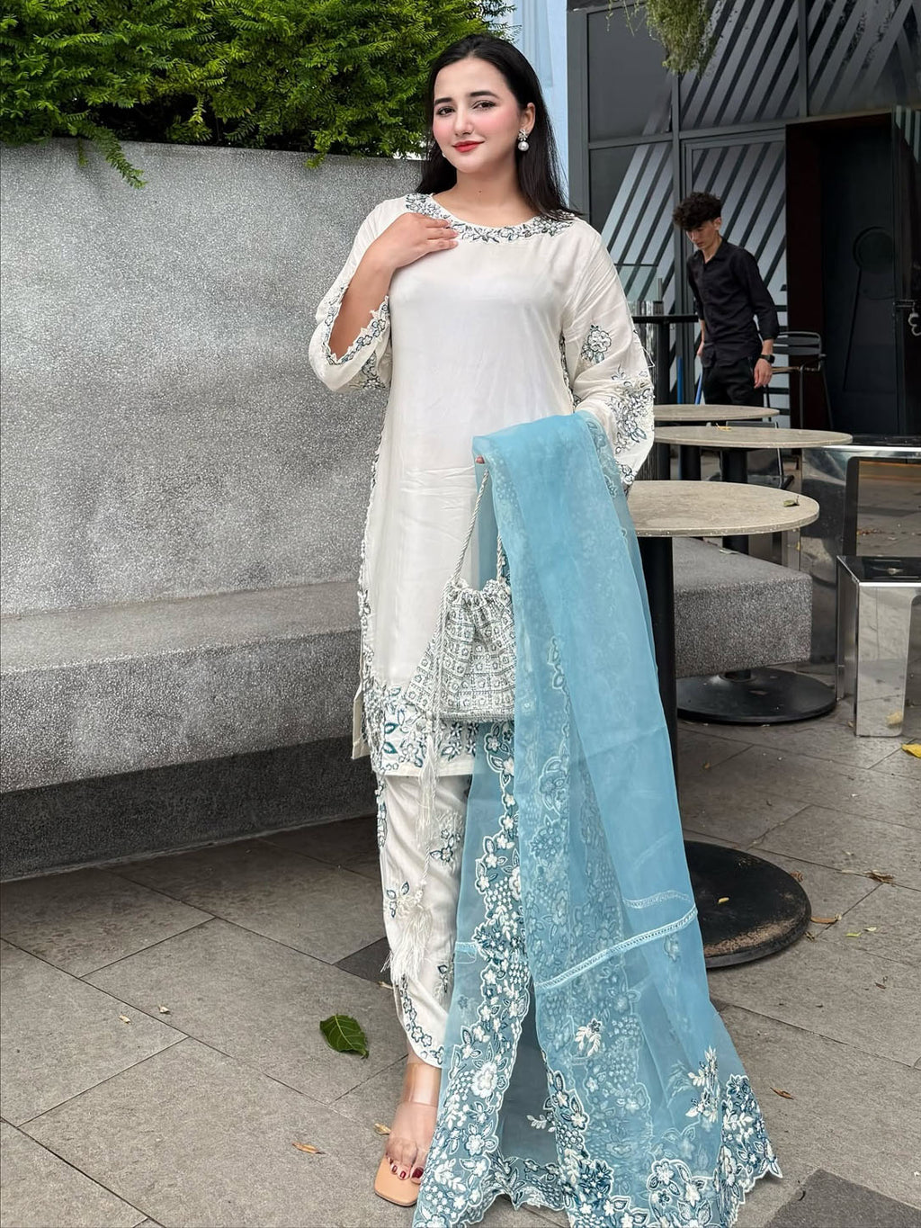 White With Blue Row Silk Embroidered 3 piece