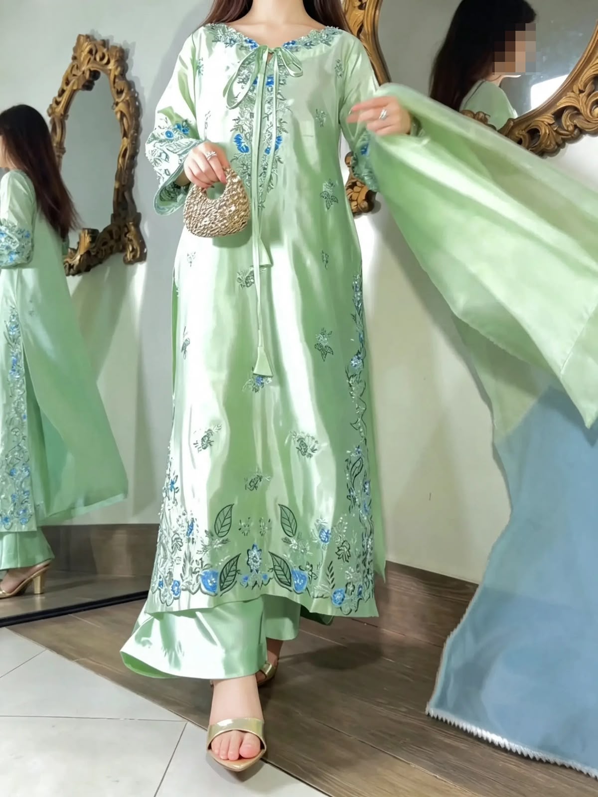 Pista Blossom Sheesha Silk Kaftan