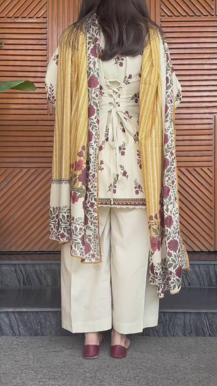 Cream Printed Dori 3 Piece
